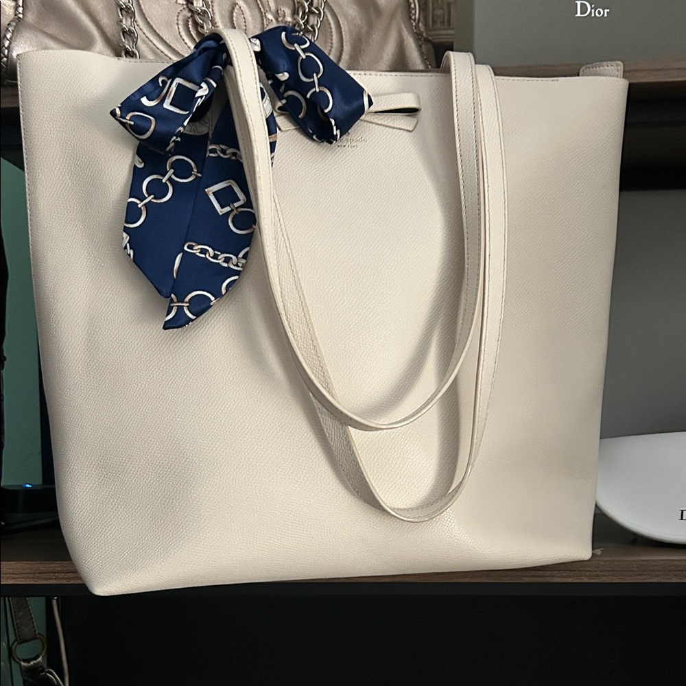kate spade ♠️ Cream Leather Tote with Navy Scarf Detail